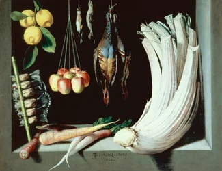 Nature morte aux oiseaux morts, fruits et légumes, 1602